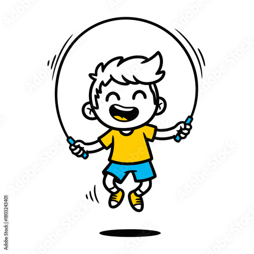 Cute cartoon boy happily jumping rope, isolated on transparent