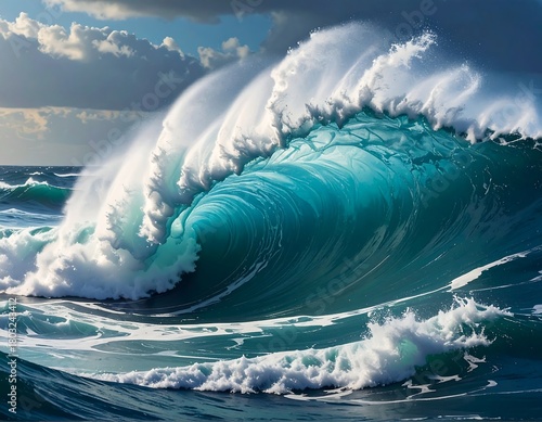 Fototapeta Naklejka Na Ścianę i Meble -  A dynamic view showcasing the powerful movement of a turquoise wave crashing. The water's curl creates a tunnel-like space