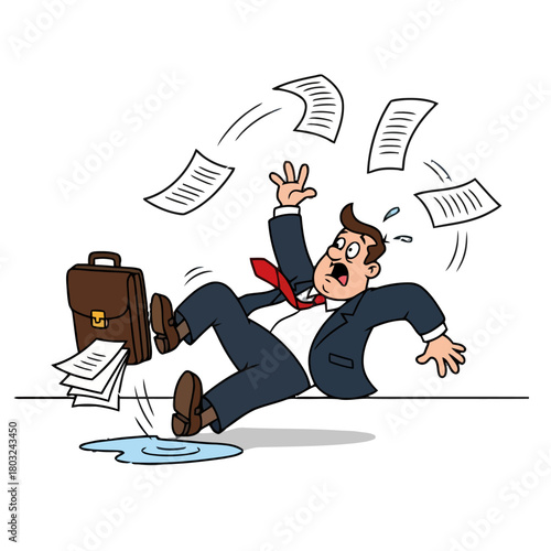 Businessman slipping on wet floor and dropping papers from his briefcase, isolated on transparent