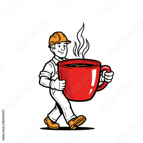 Construction worker in hard hat carrying large steaming cup coffee, isolated on transparent