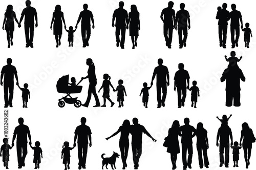 Family silhouettes walking together with parents, children, and stroller, vector illustration showing love, unity, happiness, parenting, and togetherness in black silhouette design