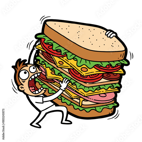 Man struggling to eat giant, overloaded sandwich with multiple layers meat, cheese, lettuce, and tomato, isolated on transparent