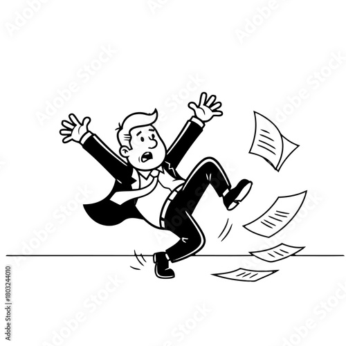 Cartoon businessman falling and dropping papers, isolated on transparent