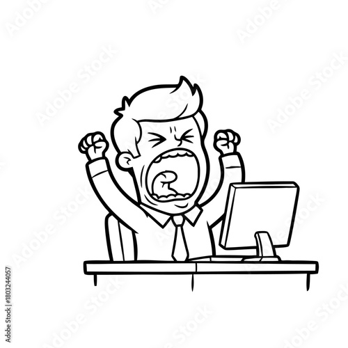 Angry businessman yelling at computer screen in frustration, isolated on transparent