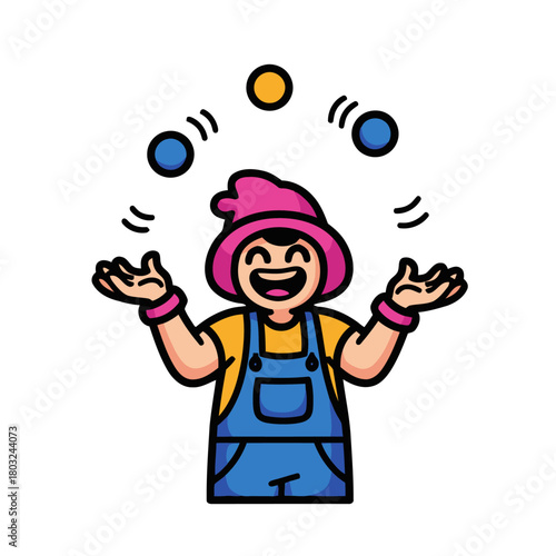 Cheerful cartoon character wearing pink hat and blue overalls, joyfully juggling three colorful balls against transparent, isolated on transparent