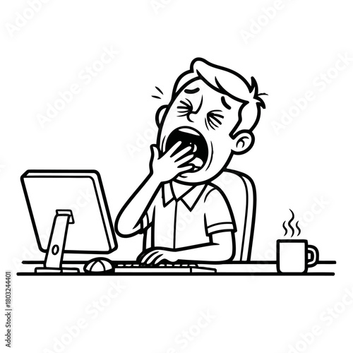 Tired cartoon man yawning at his computer, isolated on transparent