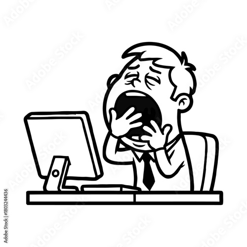 Tired cartoon businessman yawning widely in front computer screen, hands covering mouth, isolated on transparent