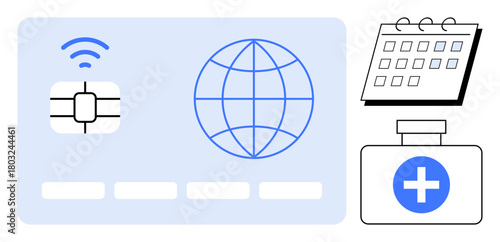 Health card with microchip and signal, globe for connectivity, a calendar for health scheduling, and a medicine box. Ideal for telemedicine, online health, appointment booking, global access