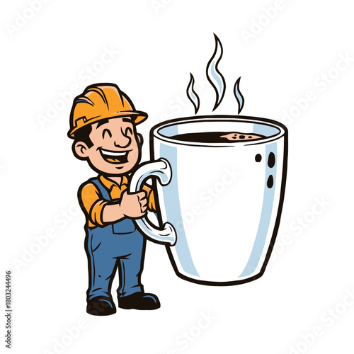 Smiling construction worker wearing overalls and hard hat, happily holding giant mug steaming coffee, representing break or enjoyment hot beverage on the job isolated on transparent