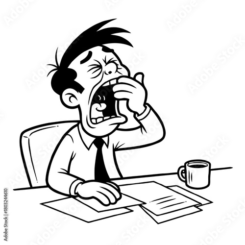 Tired businessman yawning widely at his desk with papers and coffee cup, isolated on transparent