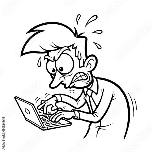 Stressed man with sweat drops on his forehead, frantically typing on laptop with frustrated expression, isolated on transparent