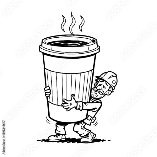 Tired construction worker hugging giant cup hot coffee, struggling to carry it, isolated on transparent