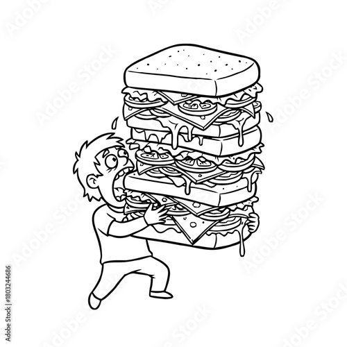 Cartoon character struggling to hold and eat an impossibly tall, multilayered sandwich, with dripping condiments and look intense focus and determination, isolated on transparent