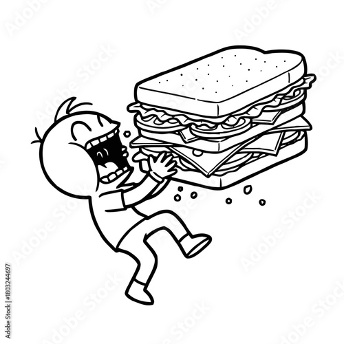 Cartoon character with an open mouth reaching for giant, multilayered sandwich, expressing extreme hunger and desire for the enormous food item, isolated on transparent