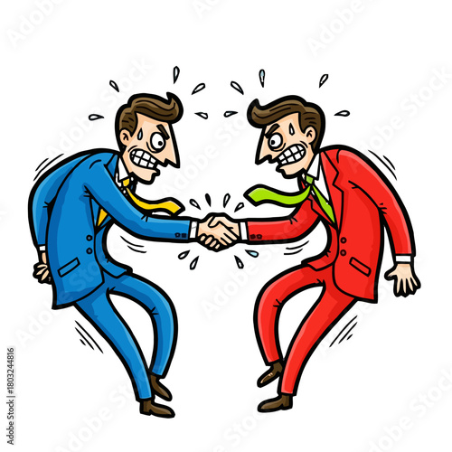 Two businessmen in suits shaking hands with strained expressions, symbolizing tense agreement or rivalry, isolated on transparent