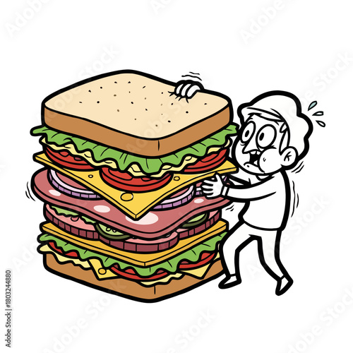 Man with wide eyes and sweat drops reaching for giant, multilayered sandwich, isolated on transparent