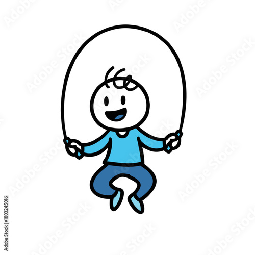 Cute cartoon child with big smile is happily jumping rope, isolated on transparent