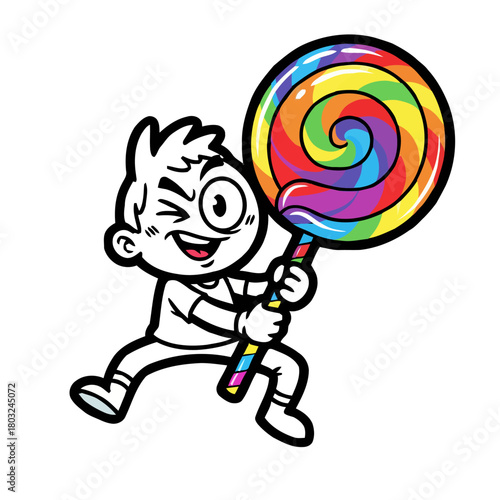 Cartoon boy holding large, colorful lollipop, winking and looking excited, isolated on transparent
