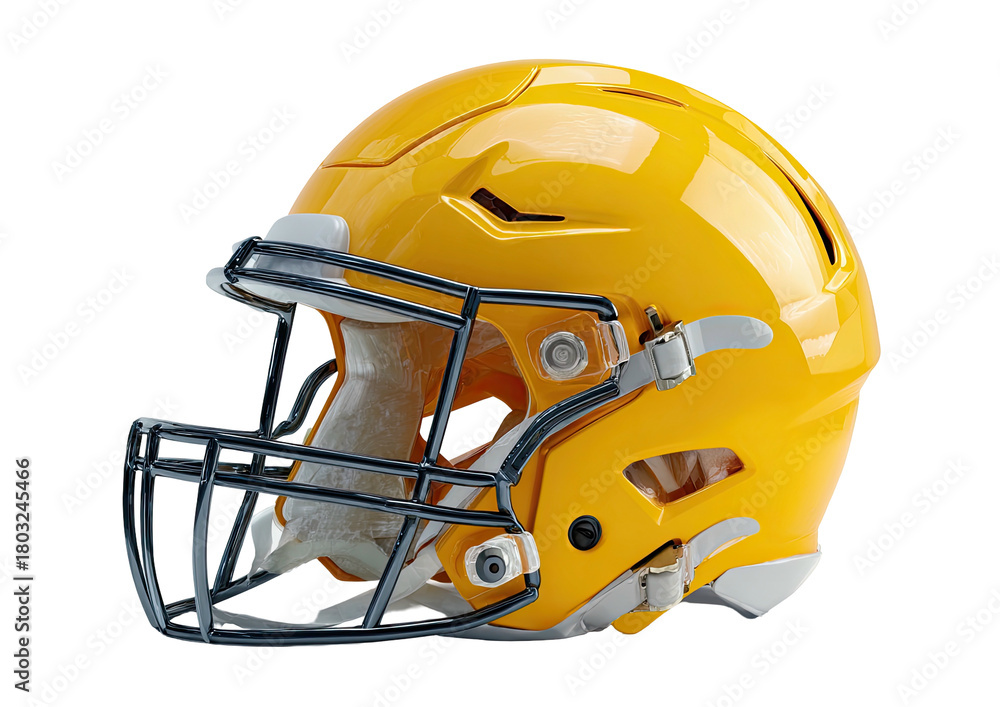 Fototapeta premium Glossy gold football helmet with gray face mask on black