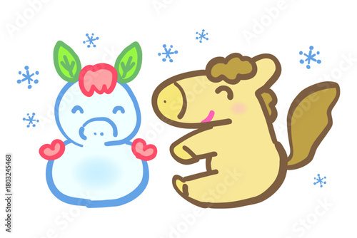 年賀状素材：雪降る中で、かわいい馬が、馬の形の雪だるまを作るカットイラスト。New Year's card material: A cartoon of a cute horse making a horse-shaped snowman in the snow.