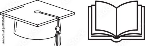 Outline Graduation Cap and Open Book Icons