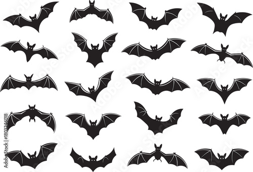 Flying bat silhouette vector set, spooky Halloween design collection, dark night animal shapes, horror decoration elements, black bat illustration for holiday theme