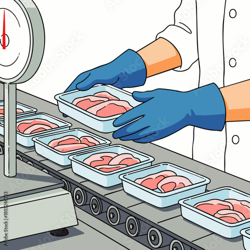 A worker in blue gloves places packaged meat on a conveyor belt near a scale in a food processing plant for quality control.