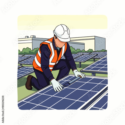 An illustration depicts a worker installing solar panels on a rooftop, promoting renewable energy and sustainable power solutions for a greener future.