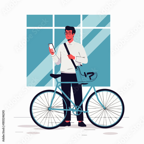 An illustration depicts a man with a bicycle, holding his smartphone, and a bag, likely checking messages or using an app outdoors.