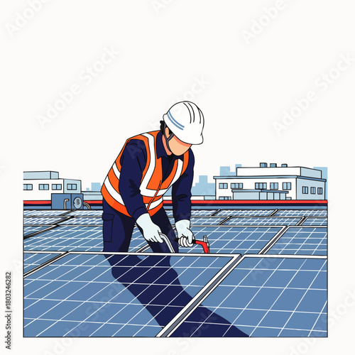 An illustration depicts a worker installing solar panels on a rooftop, promoting renewable energy and sustainable practices for a greener future.