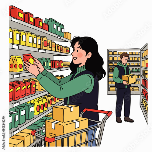 A woman selects a product from a supermarket shelf while a man stocks shelves, illustrating consumerism and shopping habits.