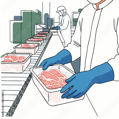 Workers in sterile uniforms process raw meat on a food production line in a modern factory setting.