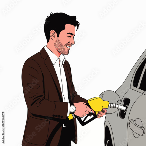 A smiling man in a suit fuels a car, highlighting the concept of transportation and modern lifestyle with an eco-friendly approach.