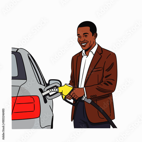 A smiling African American man in a brown jacket fuels his car at a gas station, demonstrating modern transportation and lifestyle choices.