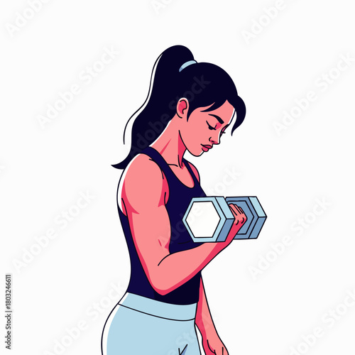 A determined woman lifts a dumbbell, showcasing strength and commitment to her fitness goals in a vibrant illustration against a white backdrop.