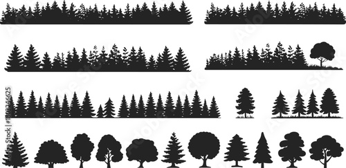 Forest tree silhouette collection, black vector illustration of pine and deciduous trees, nature landscape design elements for logo, background, poster, and environment concept