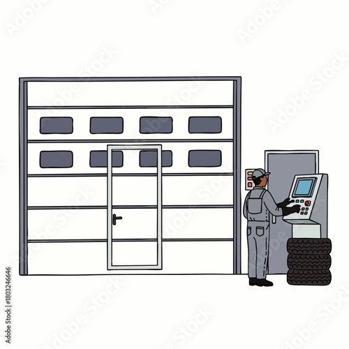 An illustration depicts a worker operating machinery near a large garage door, overseeing industrial processes with precision.