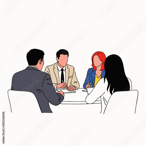 A business meeting illustration shows four people seated around a table, engaged in discussion, collaborating on a project or strategy.