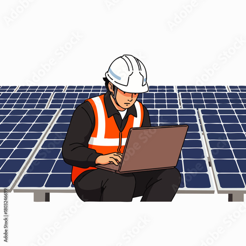 An engineer in a hard hat and safety vest uses a laptop to inspect solar panels, contributing to renewable energy solutions for a sustainable future.