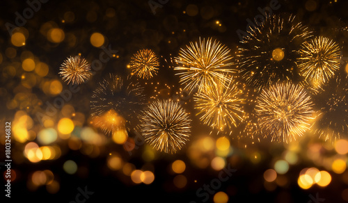 Spectacular golden fireworks illuminate the night sky, perfect for festive celebrations and New Year's Eve designs, creating a magical and exciting atmosphere
