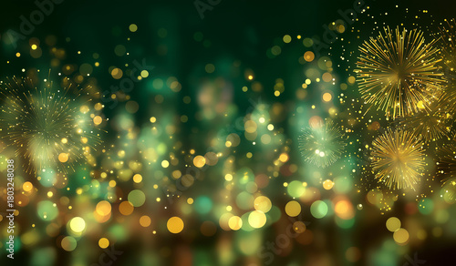 Celebrate New Year's Eve with stunning fireworks and golden bokeh lights, perfect for invitations, greeting cards, and holiday promotions today