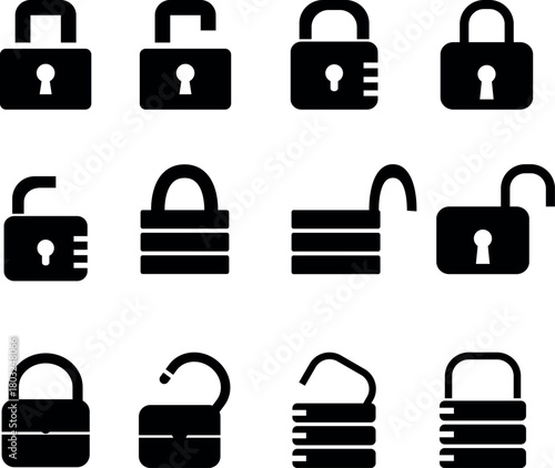 Lock and Unlock Vector Icons. Safety and Protection Set. Padlock Icons Set. Locked and Unlocked Security Symbols.
