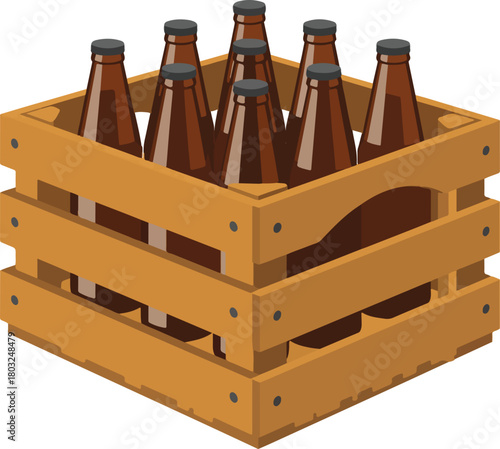 Eight brown beer bottles in a wooden crate vector illustration ready for beverage industry concepts