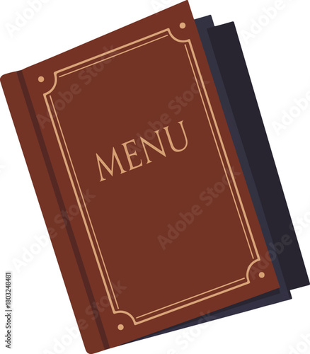 Elegant brown vector menu book with a golden border and the word MENU on the cover for culinary establishments.