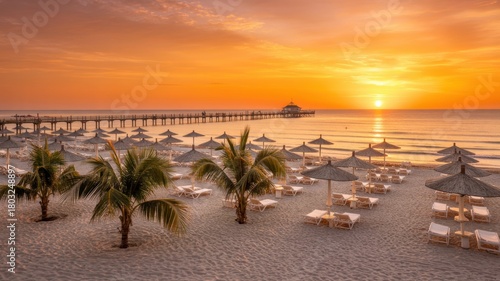 Fototapeta Naklejka Na Ścianę i Meble -  Aerial view of beach with palm trees umbrellas and pier at sunset with orange sky and calm ocean