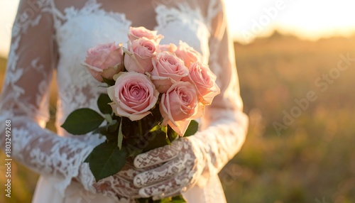 Bride holding a bouquet of pink roses at sunset.