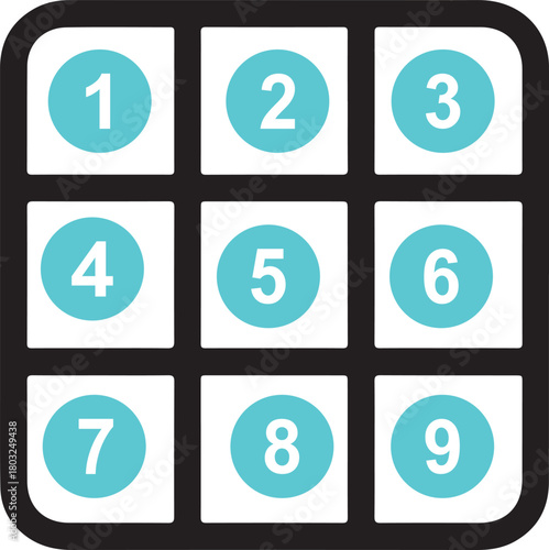 Vector number pad icon with nine blue circles containing white digits one through nine for digital input