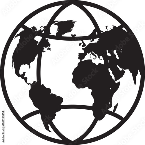 Vector world globe showing continents and grid lines, representing global connectivity and international reach