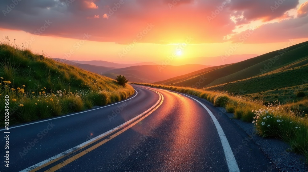 Fototapeta premium Asphalt ribbon unwinding through a picturesque landscape, bathed in the warm glow of a setting sun, along rolling hills dotted with wildflowers
