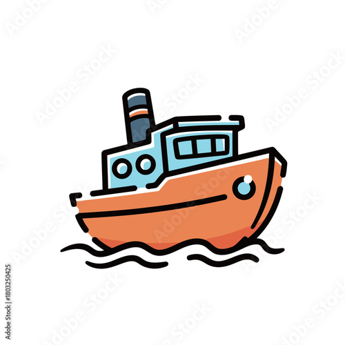 Isolated illustration of a cute orange tugboat or fishing trawler sailing on ocean waves, representing maritime transport, sea travel, cargo, and water-based leisure